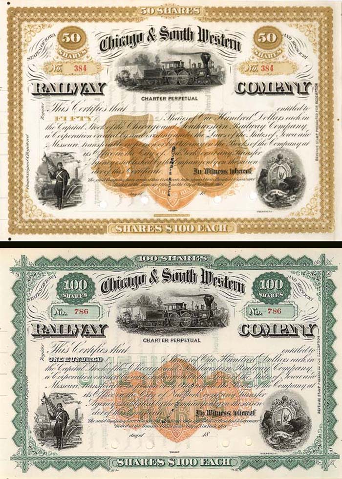 Pair of Chicago and South Western Railway Unissued Stock Certificates